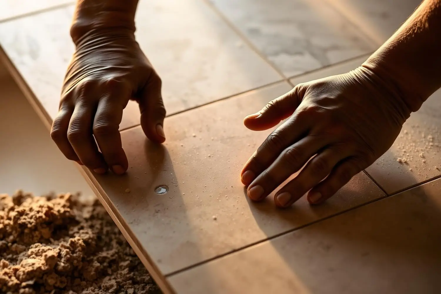 Hands placing a stone tile